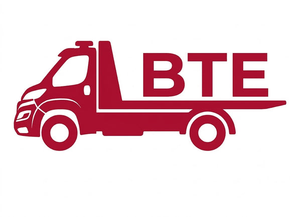 A red flatbed truck silhouette with the letters 'BTE' integrated into the cargo bed, shown on a plain white background.